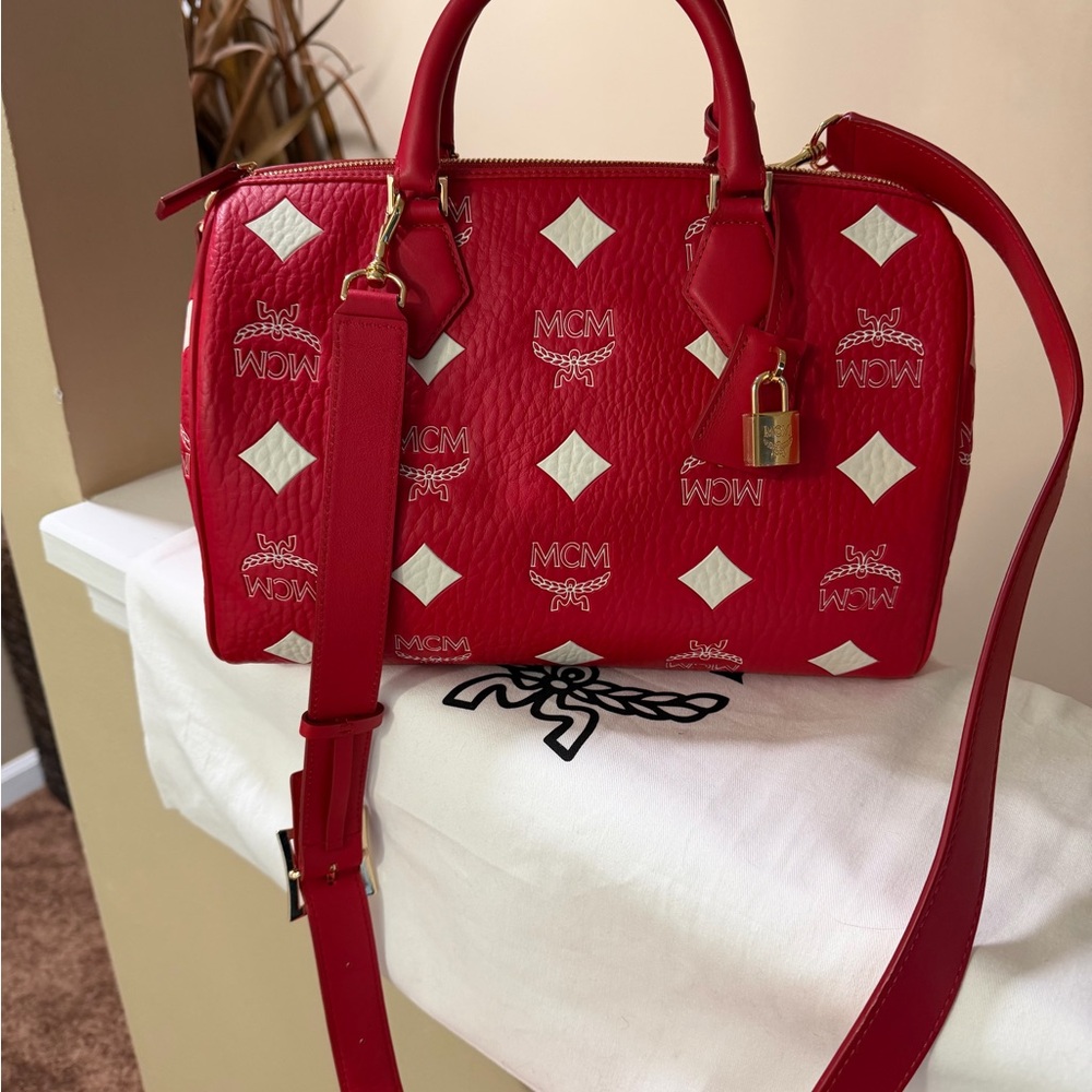 MCM Red and White Satchel Bag